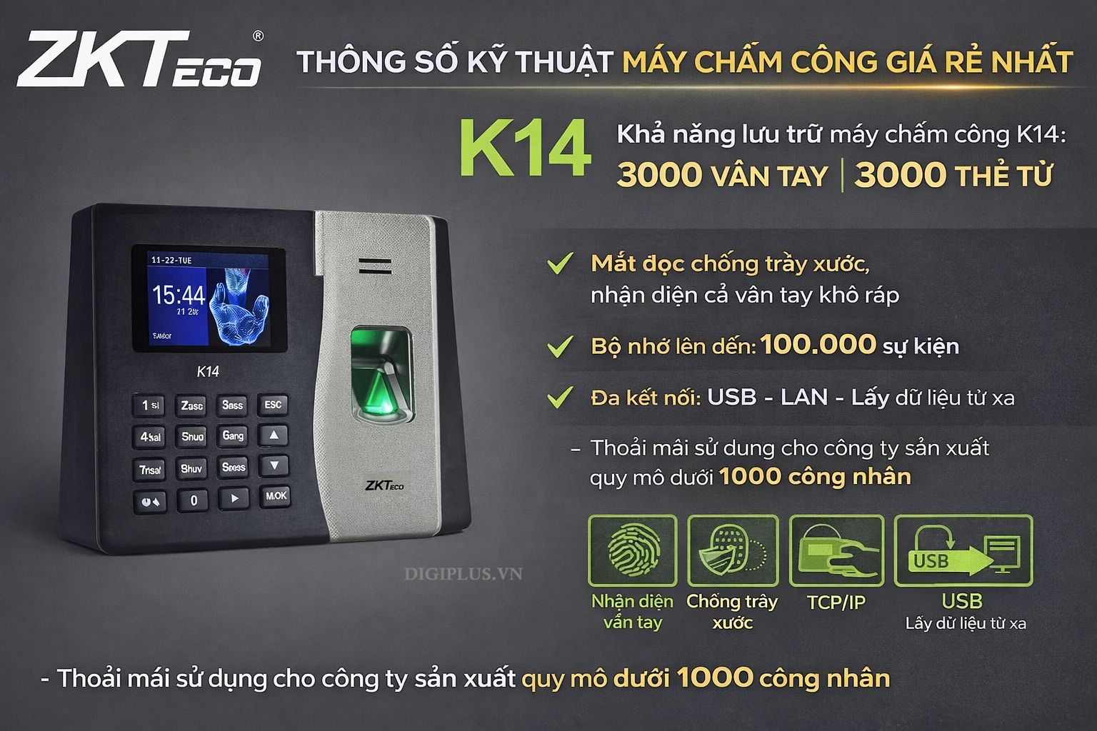 Máy chấm công vân tay và thẻ từ ZKTeco K14