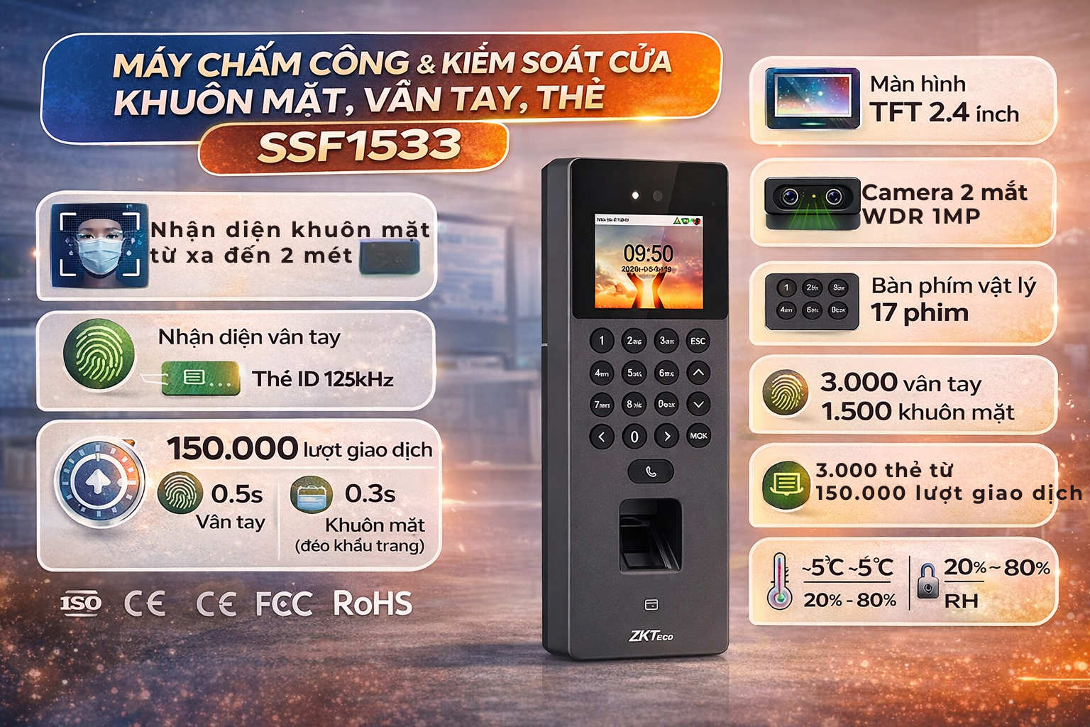 Máy chấm công và kiểm soát cửa khuôn mặt, vân tay, thẻ  SSF1533