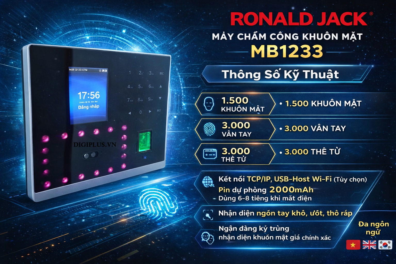 Máy chấm công khuôn mặt công nghệ Silk Ronald Jack MB1233