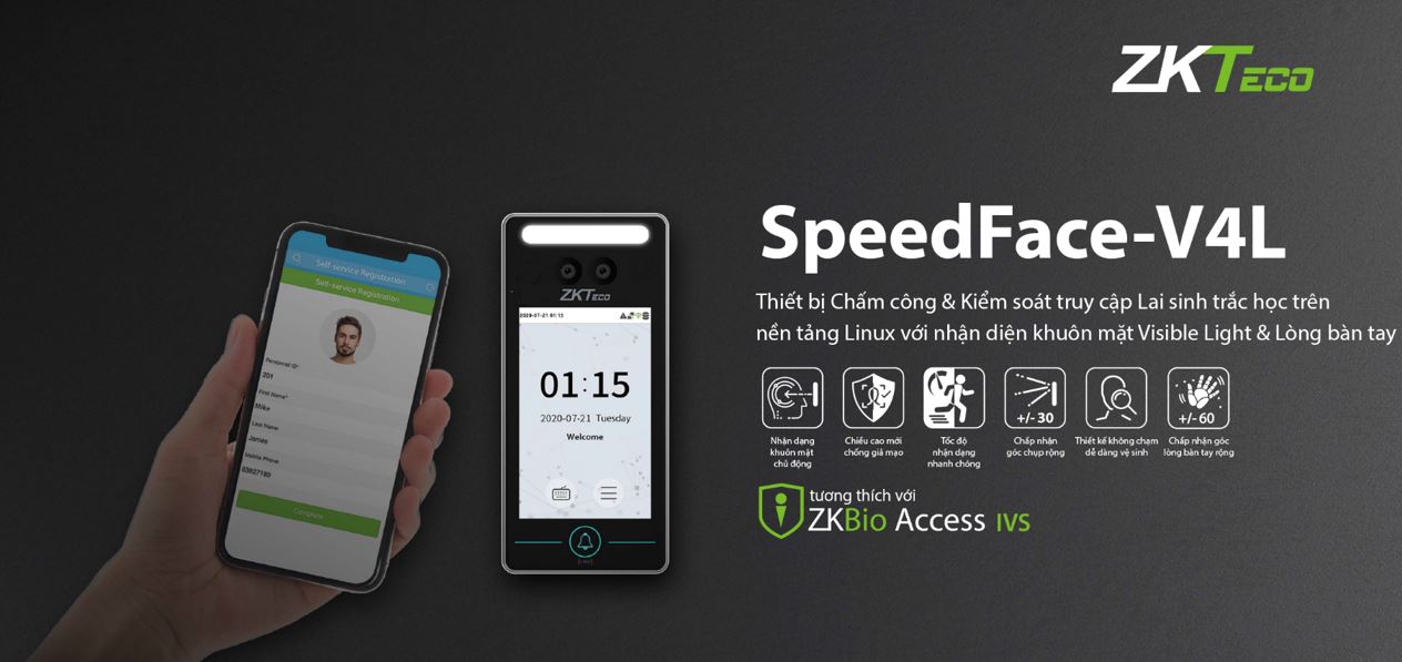 Máy chấm công và kiểm soát cửa khuôn mặt ZKTECO SPEEDFACE V4L